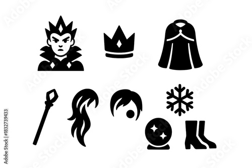 Frost Queen Icons. Frost queen illustration. Filled icon set of Frost queen illustration: queen, crown, cloak,