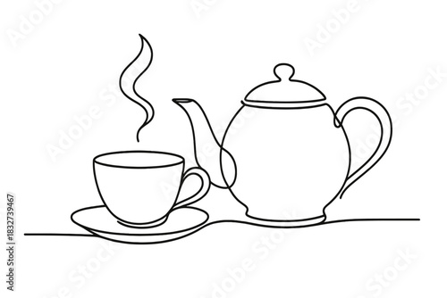 Minimalist Tea Set. Tea set with steam rising. Minimalistic one-line drawing of a tea set with rising steam,