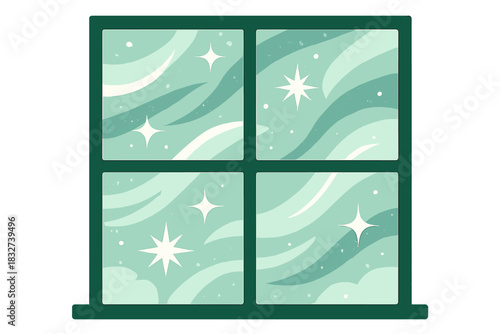 Frosty Winter Morning. Frosty morning scene. Snow swirls outside window panes, abstract spark shapes and soft