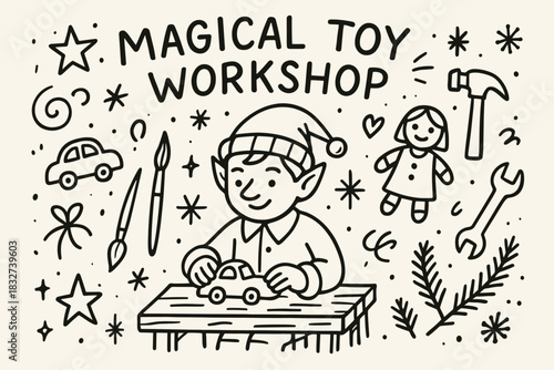 Whimsical Toy Workshop. Magical toy workshop. Hand-drawn doodle illustration of Magical toy workshop. Central