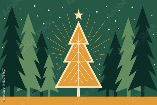 Retro Festive Forest. Holiday magic forest minimalist flat illustration of angular pine trees framing a