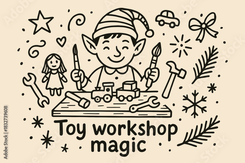 Toy Workshop Magic. Toy workshop magic. Hand-drawn doodle illustration of Toy workshop magic. Central doodle