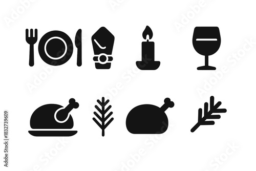 Festive Dinner Icons. Festive dinner setup. Filled icon set of Festive dinner setup: plate, fork, knife,