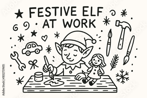 Elf's Workshop Scene. Festive elf at work. Hand-drawn doodle illustration of Festive elf at work. Central