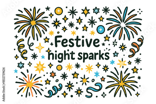 Festive Night Sparks. Festive night sparks. Hand-drawn doodle illustration of Festive night sparks. colorful