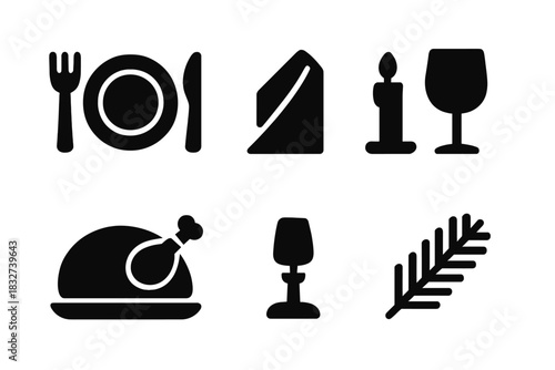 Festive Meal Icons. Festive meal setup. Filled icon set of Festive meal setup: plate, fork, knife, napkin,