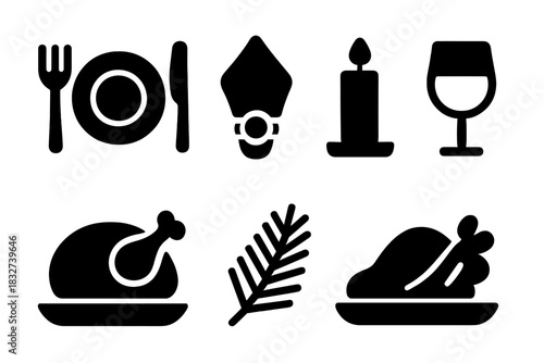 Holiday Dinner Icons. Holiday dinner flat lay. Filled icon set of Holiday dinner flat lay: plate, fork, knife,