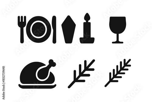 Festive Dinner Icons. Family festive dinner. Filled icon set of Family festive dinner: plate, fork, knife,