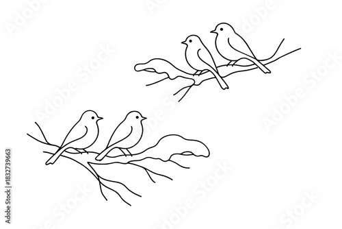 Birds on Snowy Branches. Birds on snowy branches. Minimalistic one-line drawing of birds perched on snowy