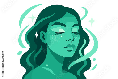 Icy Glam Makeup. Icy glam concept. Frost-inspired makeup on eyelids and cheeks, soft spark arcs and abstract