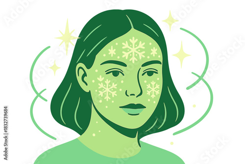 Icy Elegance Scene. Winter beauty detail. Snowflake motifs on cheeks and forehead, abstract spark shapes and