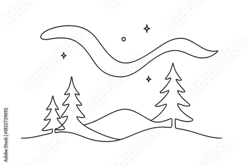 Northern Lights Elegance. Aurora winter night. Minimalistic one-line drawing pine trees and snow-covered hills
