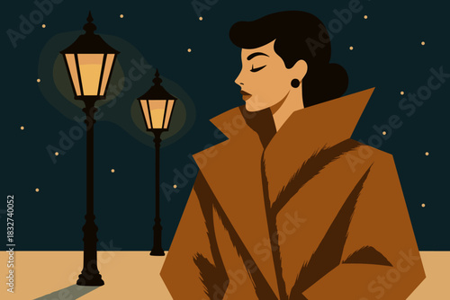 Retro Winter Glamour. Evening winter glamour minimalist flat illustration of woman in angular fur coat under