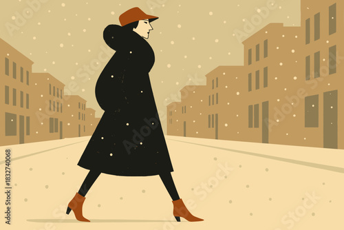 Chic Winter Walk. Snowy avenue fashion minimalist flat illustration of angular woman in fur coat walking along