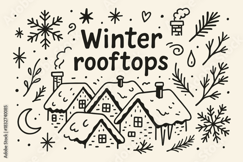 Winter Rooftops Doodle. Winter rooftops. Hand-drawn doodle illustration of Winter rooftops. Central doodle