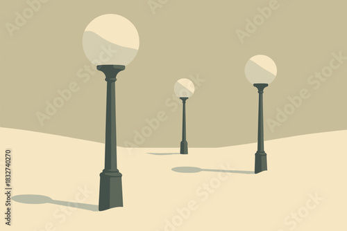 Frosted Lamp Posts. Frosted street lamps minimalist flat illustration of geometric lamp posts surrounded by