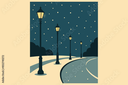 Snowy Street Lamps. Evening snowfall street minimalist flat illustration of stylized lamp posts casting soft