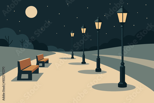 Winter Promenade Illustration. Nighttime winter promenade minimalist flat illustration of geometric benches