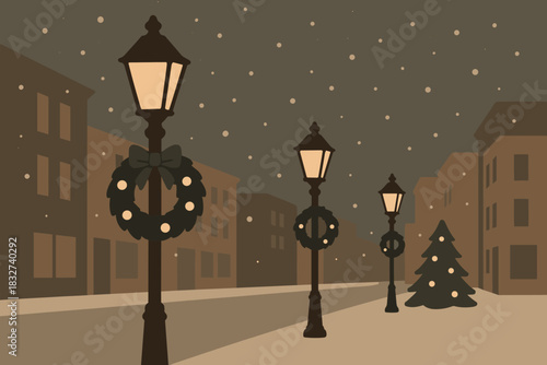 Snowy Retro Cityscape. Holiday evening street minimalist flat illustration of lamps with minimal glowing