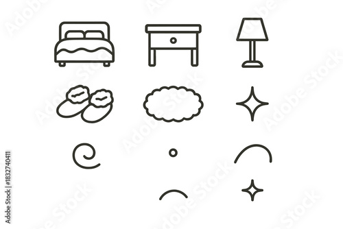 Winter Bedroom Icons. Winter bedroom aesthetic. Line outline icon set of Winter bedroom aesthetic: bed with