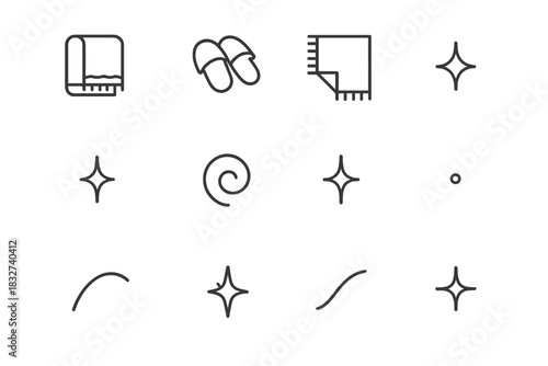 Cozy Icon Set. Cozy accents. Line outline icon set of Cozy accents: warm blanket, slippers, rug corner, tiny