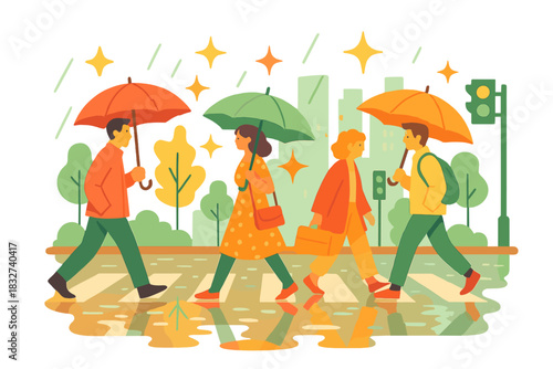 Umbrella Reflections Urban Scene. Urban rainy day. Pedestrians cross street with umbrellas, reflections on