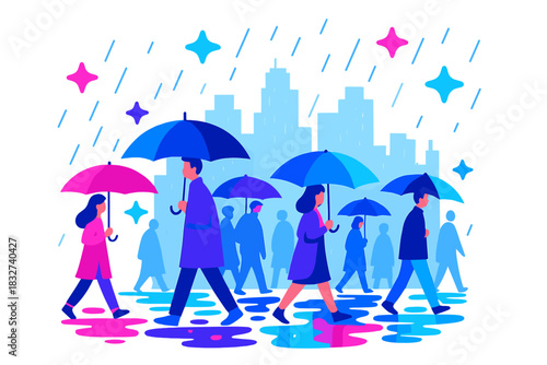 Energetic Umbrella City Stroll. Umbrella city stroll. Crowds with umbrellas in rain, wet reflections, soft