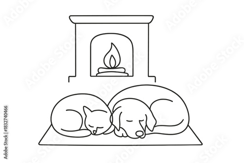Minimalist Pet Companions. Cozy winter companions. Minimalistic one-line drawing pets curled on rug with