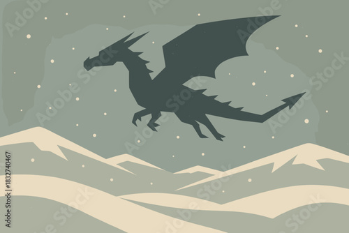 Winter Dragon Silhouette. Winter dragon silhouette minimalist flat illustration of a geometric dragon flying