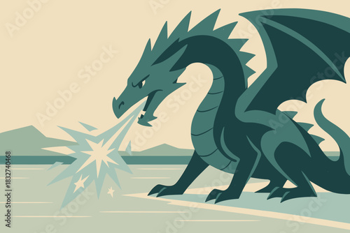 Icy Breath Dragon. Crystal breath dragon minimalist flat illustration of stylized dragon exhaling icy breath