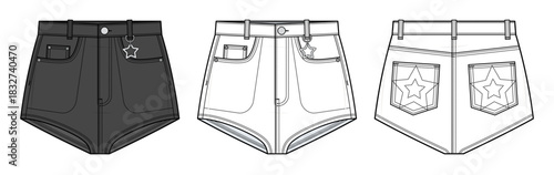 Y2K Kpop High-Waist Mini Denim Shorts Technical Fashion Illustration. Ultra-High-Leg Jean Shorts Vector Template with Front, Back, and Decorative Pocket Views. Women’s Casual Bottoms CAD Mockup Set.