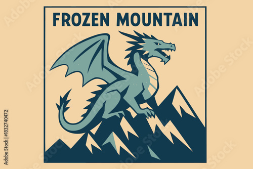 Ice Dragon Peaks. Frozen mountain dragon minimalist flat illustration of an ice dragon perched on geometric
