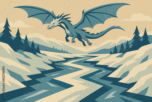 Ice Dragon Glide. Frozen river flight minimalist flat illustration of an ice dragon gliding above angular