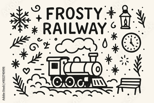 Frosty Railway Doodle. Frosty railway. Hand-drawn doodle illustration of Frosty railway. Central doodle (train