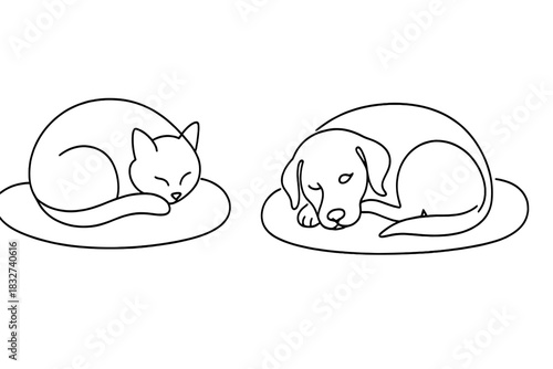 Cozy Shelter Pets. Warm shelter pets. Minimalistic one-line drawing animals curled up on cozy bedding in