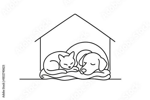 Warm Winter Shelter. Pets winter comfort. Minimalistic one-line drawing animals in warm bedding inside shelter