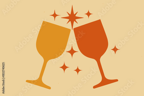 Festive Glasses Clink. Festive clink minimalist flat illustration of two glasses touching with abstract