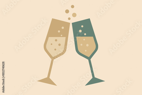 Geometric Champagne Toast. Champagne glasses cheers minimalist flat illustration of two geometric glasses
