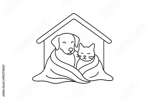 Cozy Shelter Sketch. Animal shelter winter care. Minimalistic one-line drawing dog and cat inside cozy shelter