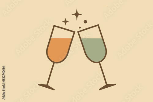 Retro Champagne Toast. Party moment minimalist flat illustration of geometric champagne flutes clinking with