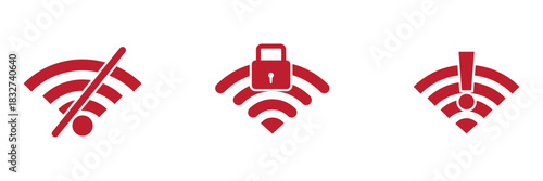 Wifi and wireless problem icon, No internet access crossed out symbol, Wifi signal icon with cross indicating no connection, Wifi and wireless problem icon or no wifi icon set