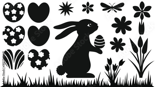 Black silhouette easter bunny holding decorated egg surrounded by festive elements like hearts flowers butterfly and grass on white background for holiday design