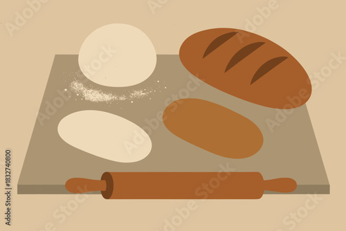 Minimalist Bread Baking. Bread baking at home minimalist flat illustration of geometric loaves and dough on a