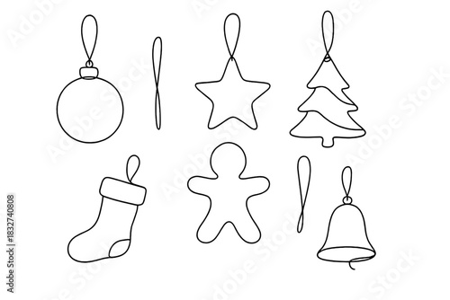 Minimalist Christmas Ornaments. Christmas ornament set. Minimalistic one-line drawing various handcrafted