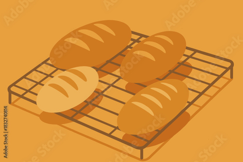 Morning Bread Cooling. Warm morning bake minimalist flat illustration of stylized bread loaves cooling on a