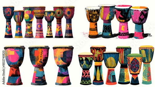 A collection of colorful tribal hand drums with bold geometric patterns and artistic cultural motifs, presented in a vibrant decorative style suitable for design and craft themes.