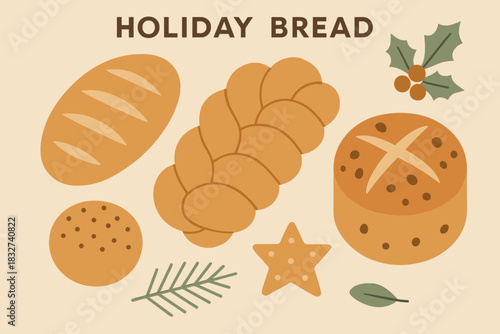 Minimalist Holiday Bread. Holiday bread preparation minimalist flat illustration of geometric loaves and buns
