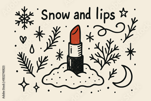 Snowy Red Lips Doodle. Snow and lips. Hand-drawn doodle illustration of Snow and lips. Central doodle (red
