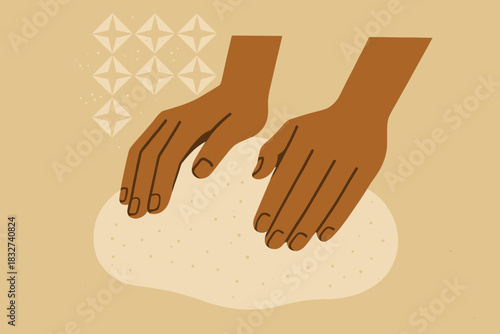 Minimalist Bread Illustration. Bread-making process minimalist flat illustration of dough being kneaded by
