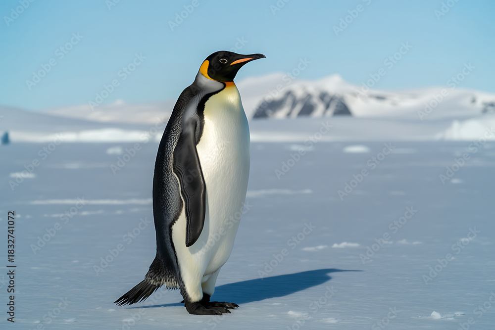 Fototapeta premium Emperor penguin in bright sunlight on icy terrain antarctica